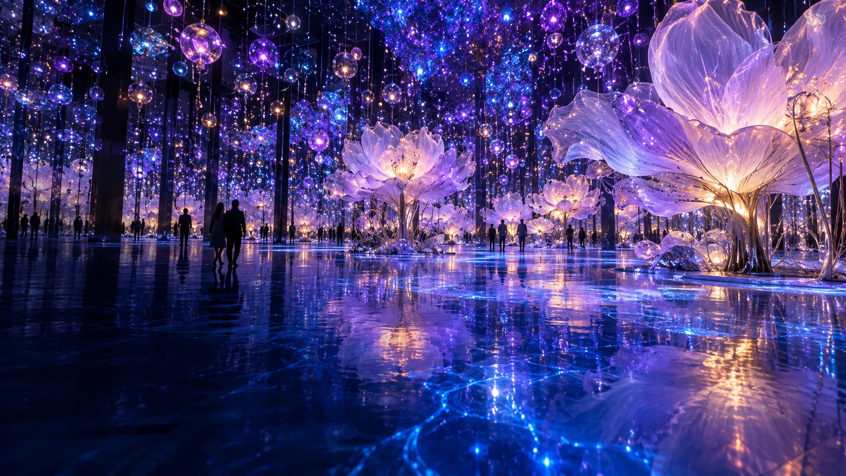 Concept visual: glowing flowers in a violet immersive light installation